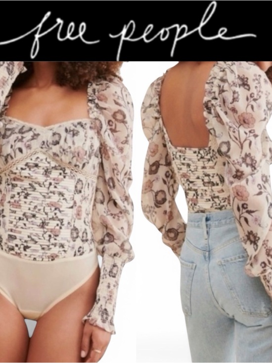 Free People Tops - FREE PEOPLE BRUNCH DATE BODYSUIT IVORY FLORAL PUFF SLEEVE SMOCKED CORSET TOP NWT